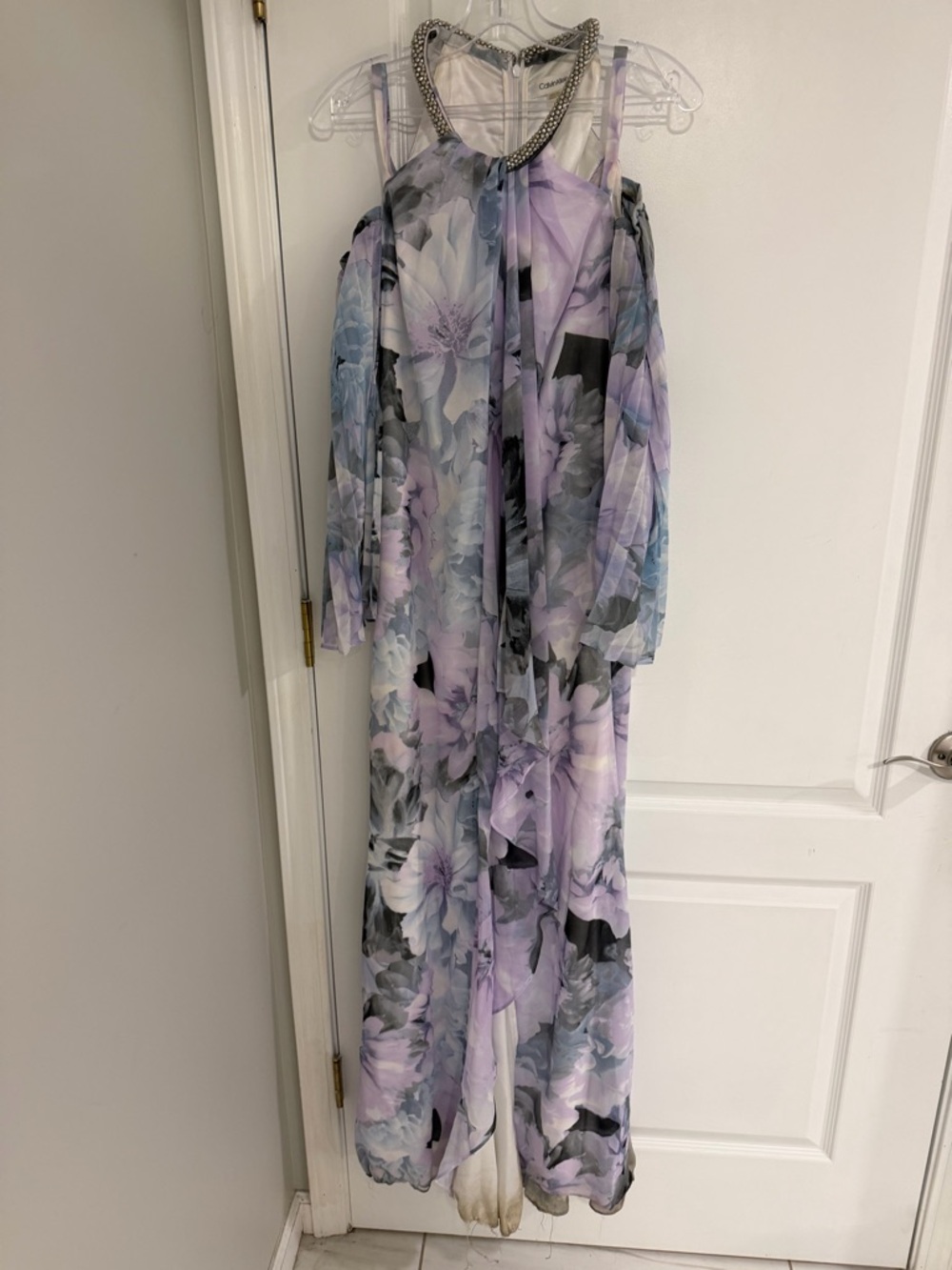 Floor length purple floral dress with beaded collar